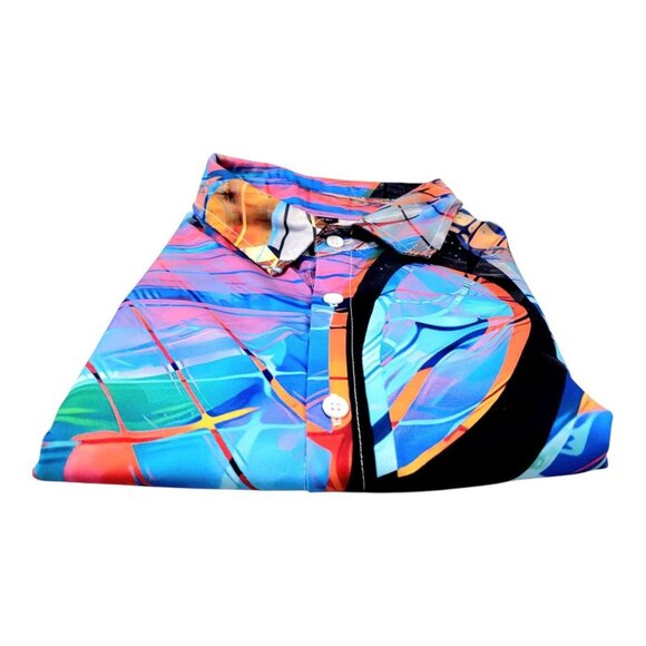 Mens 1XL Button-Up Short-Sleeve Vibrant Music Note Multicolor Abstract Print - Picture 8 of 12